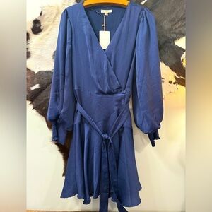 Daria Bishop-Sleeve Faux-Wrap Silk Dress